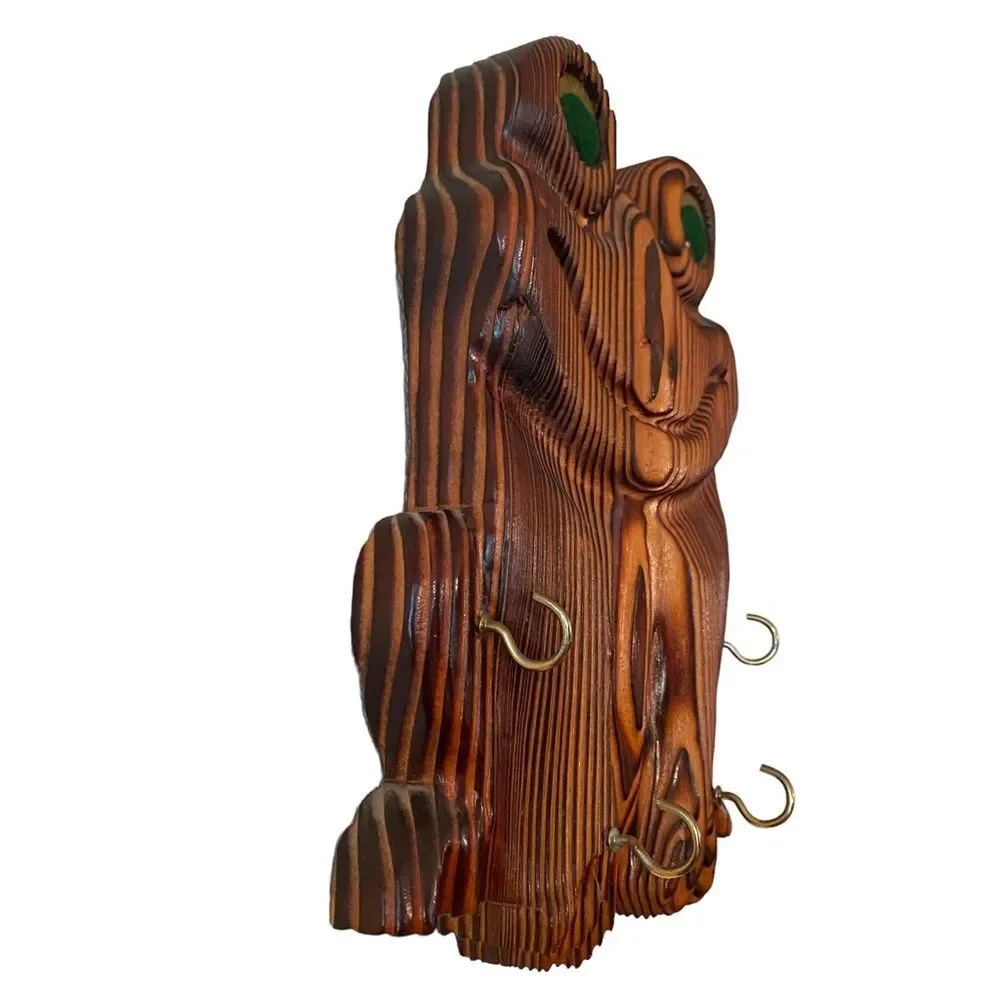 Rustic Hand Crafted Burnt Wood Frog Key Leash Face Mask Hanger